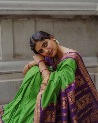 P Green And Purple Combination Pure Kanjivaram Silk Saree With Attractive Blouse Piece