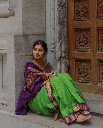 P Green And Purple Combination Pure Kanjivaram Silk Saree With Attractive Blouse Piece