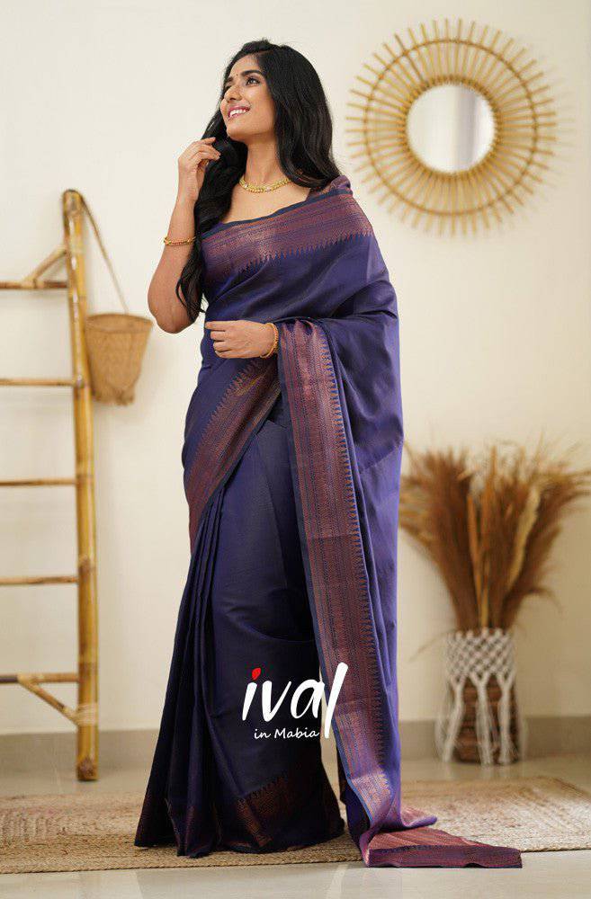 Navy Blue Pure Kanjivaram Silk Saree With Lovely Blouse Piece