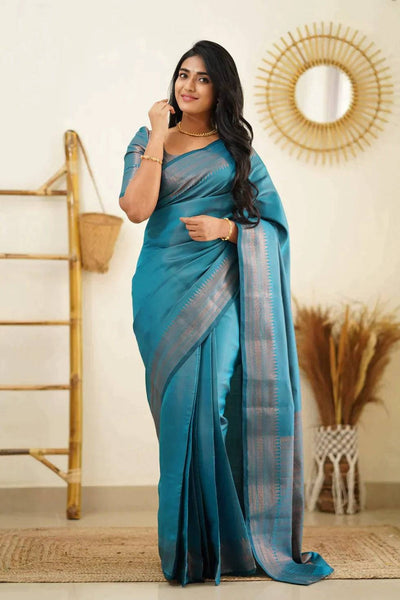 Sky Blue Pure Kanjivaram Silk Saree With Lovely Blouse Piece