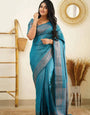 Sky Blue Pure Kanjivaram Silk Saree With Lovely Blouse Piece