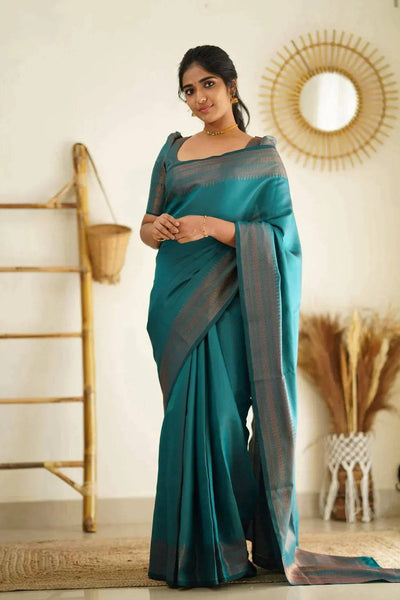 Teal Blue Pure Kanjivaram Silk Saree With Lovely Blouse Piece