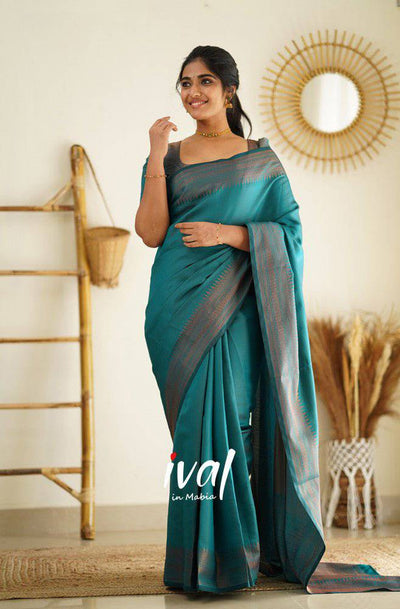 Teal Blue Pure Kanjivaram Silk Saree With Lovely Blouse Piece