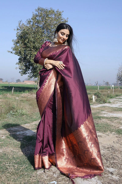 Sumptuous Wine Pure Kanjivaram Silk Saree With Attractive Blouse Piece