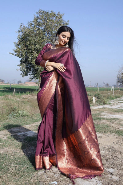 Sumptuous Wine Pure Kanjivaram Silk Saree With Attractive Blouse Piece