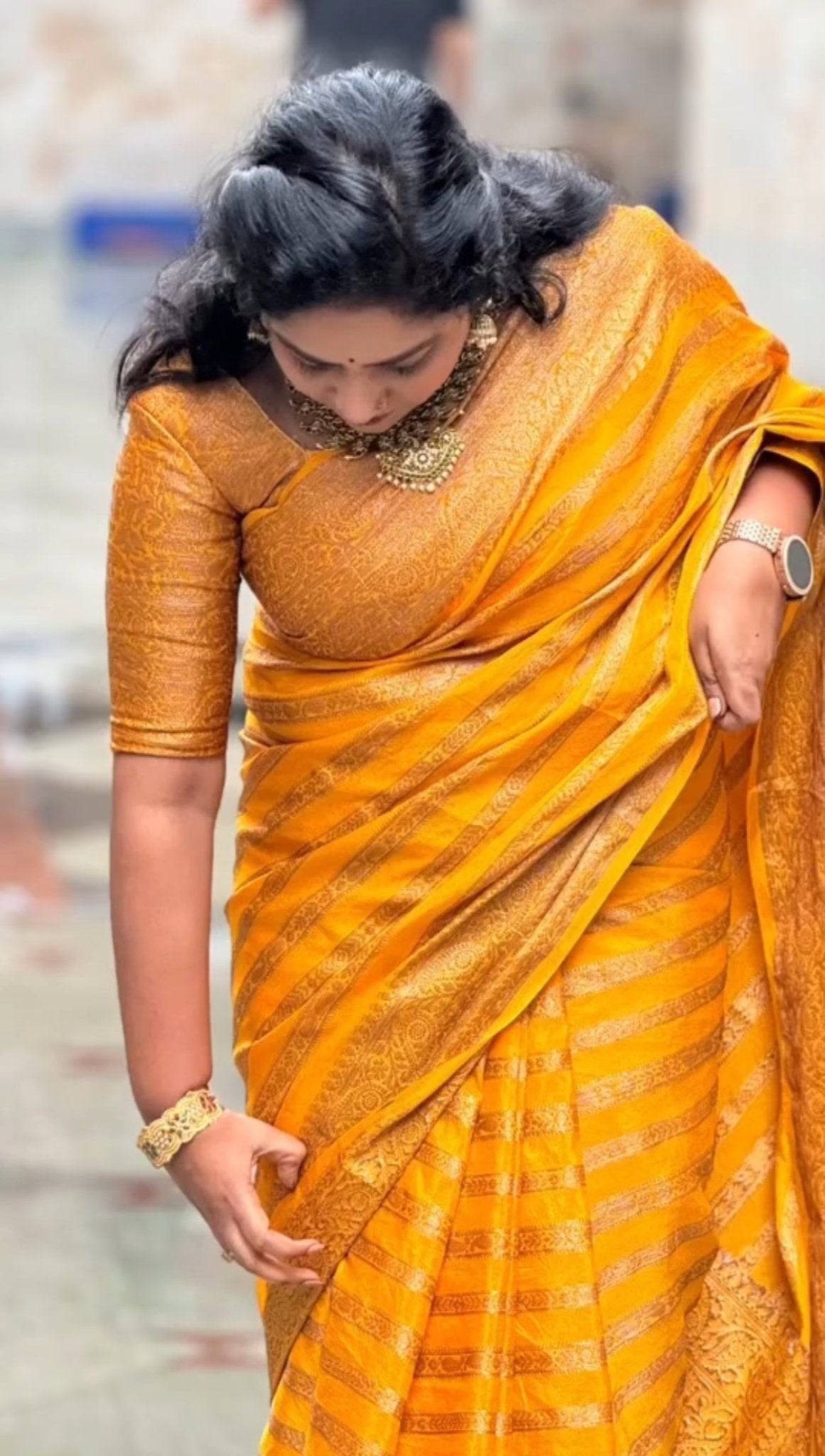 Yellow Pure Georgette Kanjivaram Silk Saree Weaved With Copper Zari Comes With Attached Blouse.