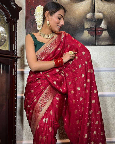 Red Pure Banarasi Silk Saree Stylish Blouse Piece