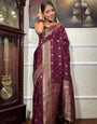 Wine Pure Banarasi Silk Saree Stylish Blouse Piece