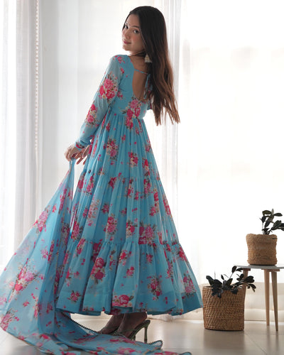 Colorful Kamalkari Anarkali Set: Pure Soft Fox Georgette Floral Print, Fully Flared with Dupatta and Pants – Perfect for Festivities and Weddings!