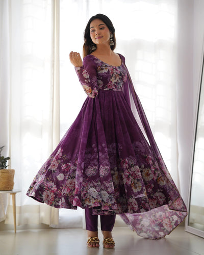 Colorful Lightweight Organza Silk Anarkali Set with Dupatta & Pants – Perfect for Festivities!