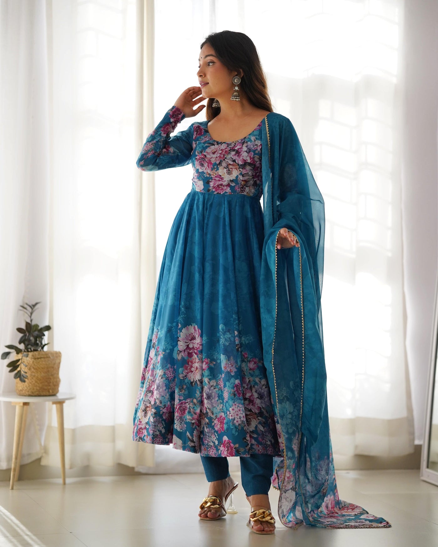 Colorful Lightweight Organza Silk Anarkali Set with Dupatta & Pants – Perfect for Festivities!