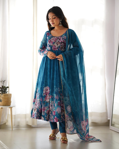 Colorful Lightweight Organza Silk Anarkali Set with Dupatta & Pants – Perfect for Festivities!