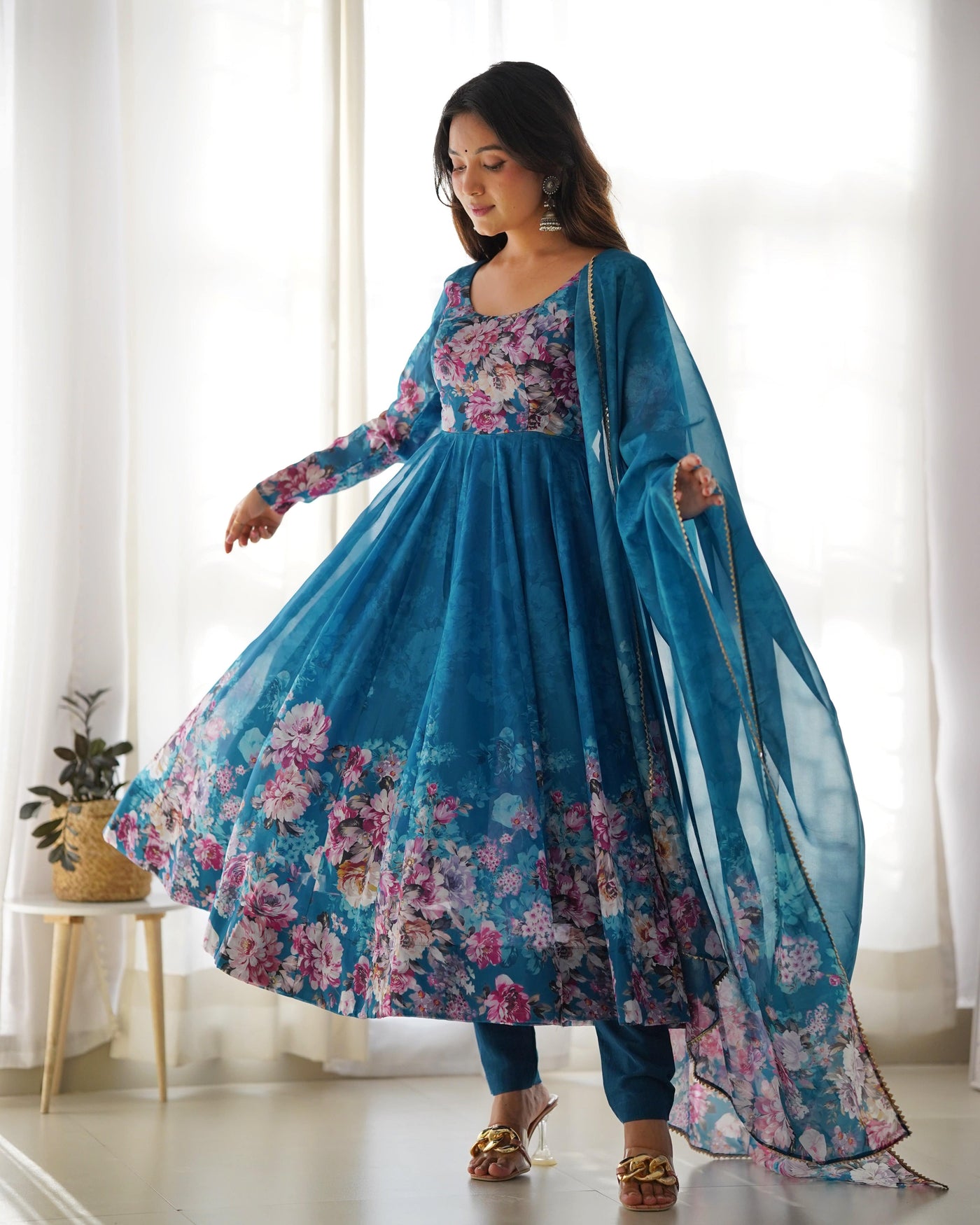 Colorful Lightweight Organza Silk Anarkali Set with Dupatta & Pants – Perfect for Festivities!