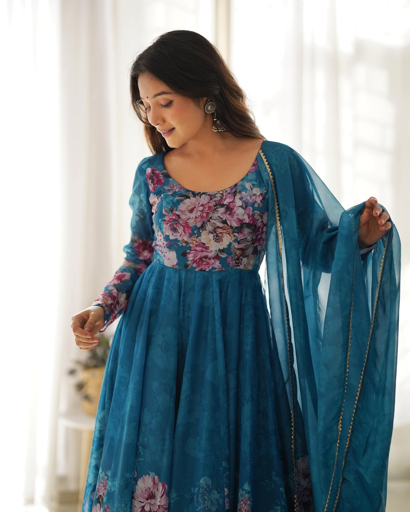 Colorful Lightweight Organza Silk Anarkali Set with Dupatta & Pants – Perfect for Festivities!