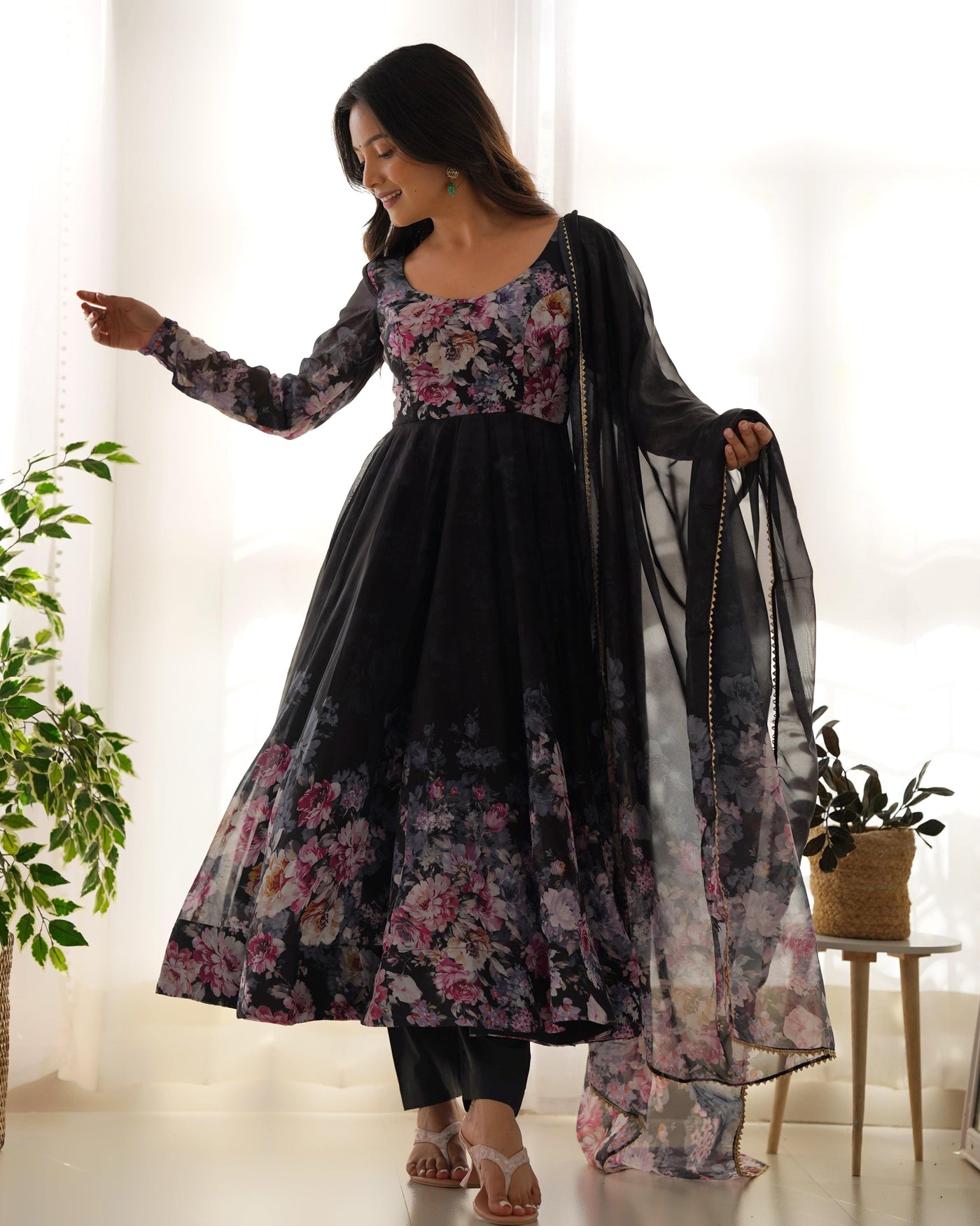 Colorful Lightweight Organza Silk Anarkali Set with Dupatta & Pants – Perfect for Festivities!