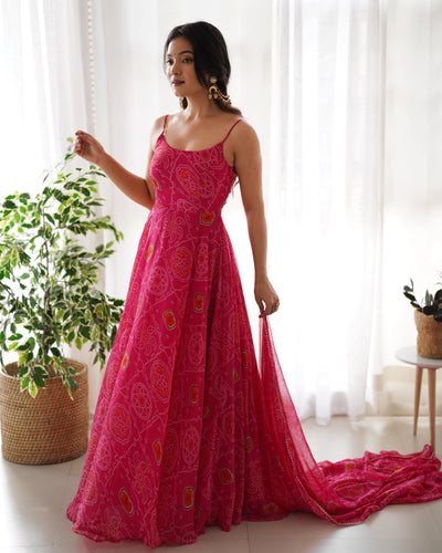 Designer Pure Soft Lightweight Chiffon Bandhej Fully Flared Gown, Dupatta, and Pant Set - Ready to Wear, Fully Stitched.