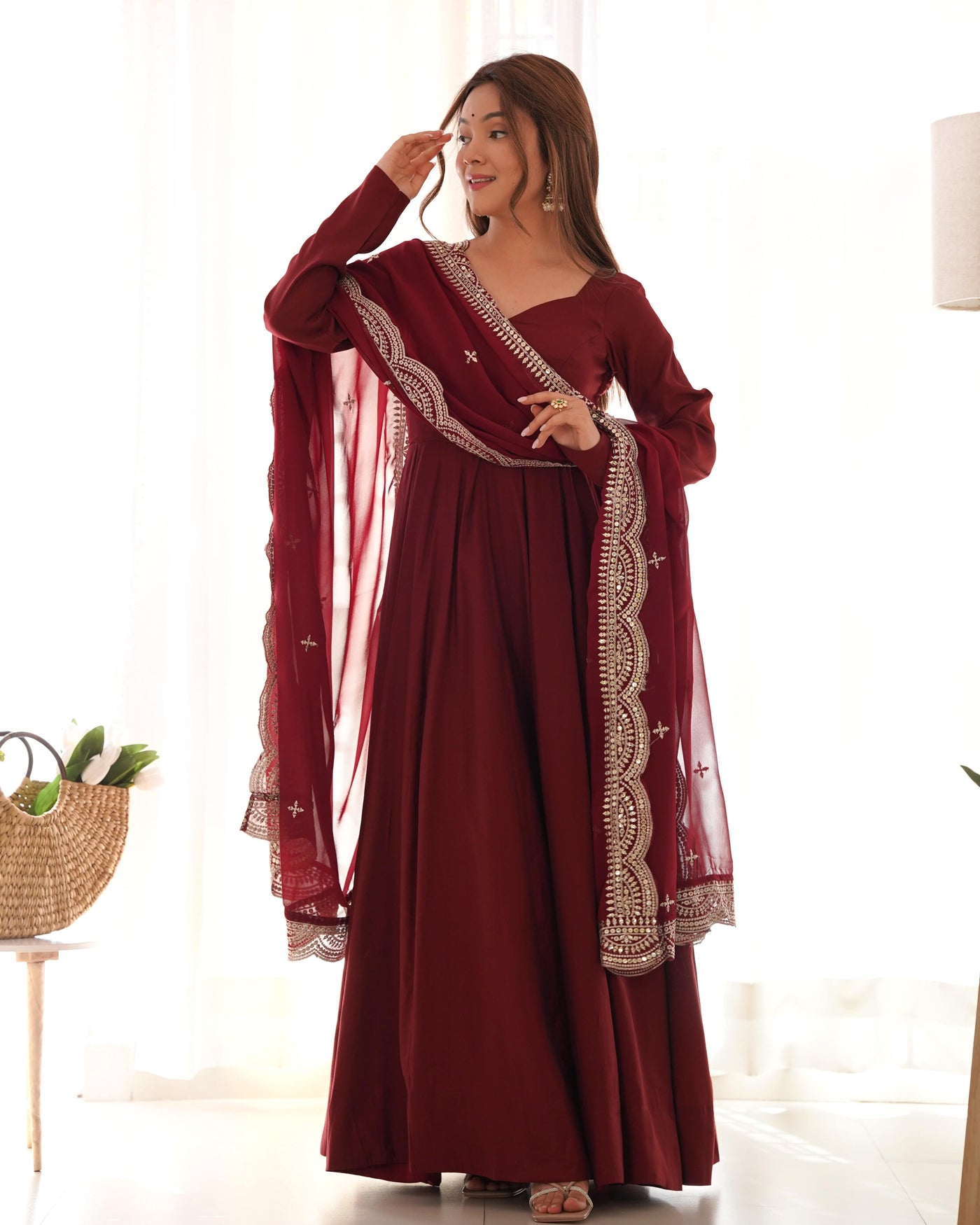 Pure Romansilk Chanderi Fabric Fully Flared Anarkali, with Dupatta Set and Pants, Ready to Wear.