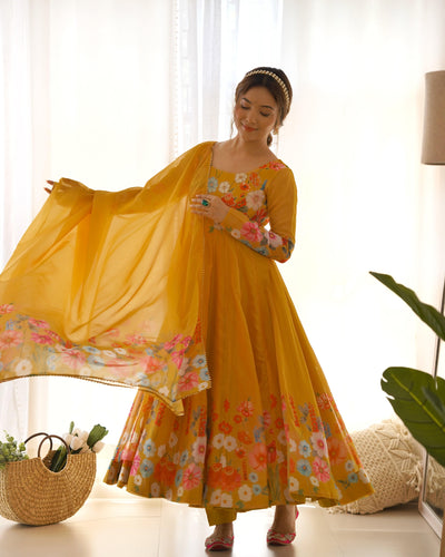 Timeless Floral Printed Organza Anarkali Suit Set – Perfect for the Festive and Wedding Season