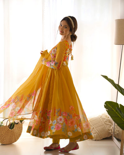 Timeless Floral Printed Organza Anarkali Suit Set – Perfect for the Festive and Wedding Season