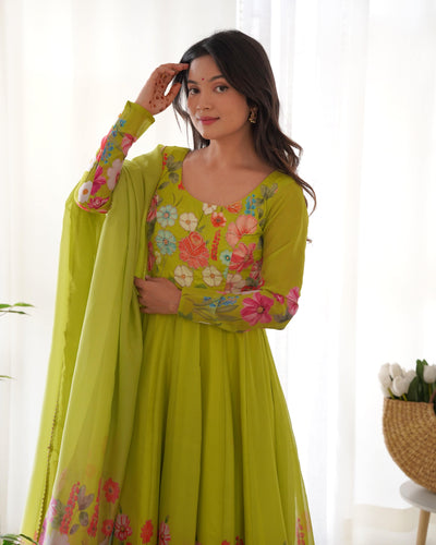 Timeless Floral Printed Organza Anarkali Suit Set – Perfect for the Festive and Wedding Season