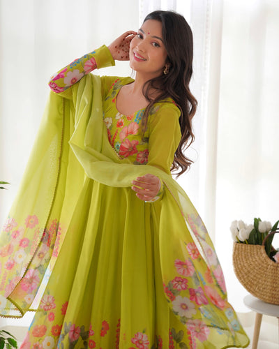 Timeless Floral Printed Organza Anarkali Suit Set – Perfect for the Festive and Wedding Season