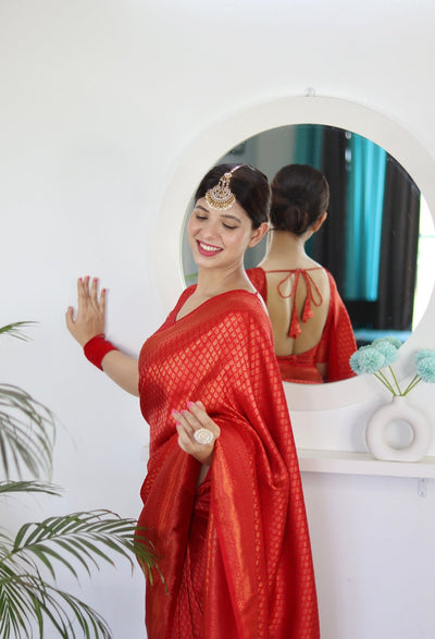 Kuber Pattu Silk Saree, Exuding Regal Charm With Its Rich Pallu And Intricate Brocade Blouse, Elegantly Adorned With Enchanting Tassels On The Saree's Edge. - Almaari Fashion