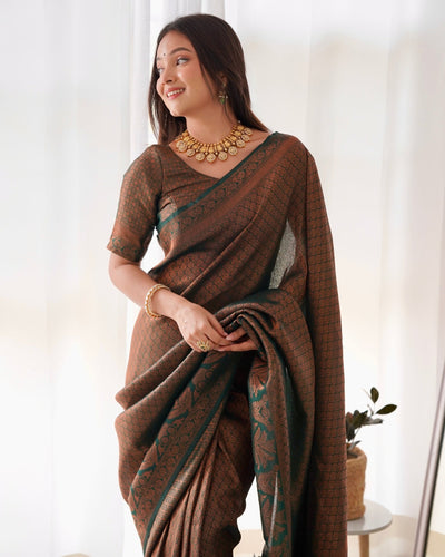 Kuber Pattu Silk Saree, Exuding Regal Charm With Its Rich Pallu And Intricate Brocade Blouse, Elegantly Adorned With Enchanting Tassels On The Saree's Edge. - Almaari Fashion