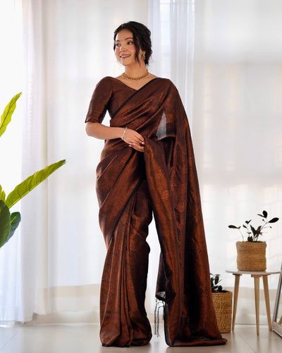 Kuber Pattu Silk Saree, Exuding Regal Charm With Its Rich Pallu And Intricate Brocade Blouse, Elegantly Adorned With Enchanting Tassels On The Saree's Edge. - Almaari Fashion