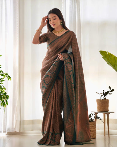 Kuber Pattu Silk Saree, Exuding Regal Charm With Its Rich Pallu And Intricate Brocade Blouse, Elegantly Adorned With Enchanting Tassels On The Saree's Edge. - Almaari Fashion