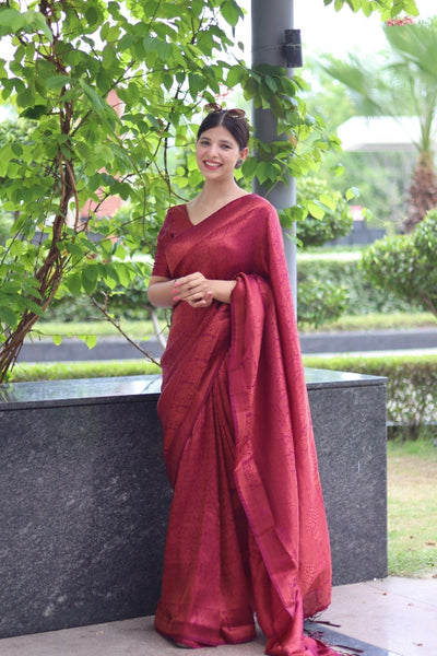 Kuber Pattu Silk Saree, Exuding Regal Charm With Its Rich Pallu And Intricate Brocade Blouse, Elegantly Adorned With Enchanting Tassels On The Saree's Edge. - Almaari Fashion