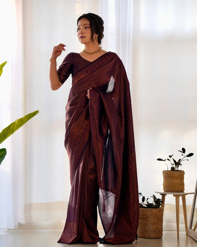 Kuber Pattu Silk Saree, Exuding Regal Charm With Its Rich Pallu And Intricate Brocade Blouse, Elegantly Adorned With Enchanting Tassels On The Saree's Edge. - Almaari Fashion