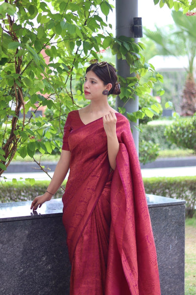 Kuber Pattu Silk Saree, Exuding Regal Charm With Its Rich Pallu And Intricate Brocade Blouse, Elegantly Adorned With Enchanting Tassels On The Saree's Edge. - Almaari Fashion