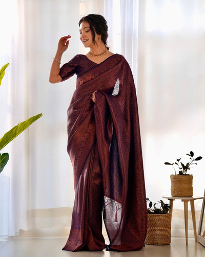 Kuber Pattu Silk Saree, Exuding Regal Charm With Its Rich Pallu And Intricate Brocade Blouse, Elegantly Adorned With Enchanting Tassels On The Saree's Edge. - Almaari Fashion