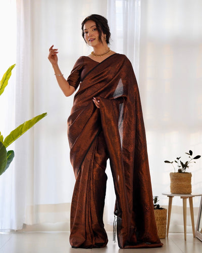 Kuber Pattu Silk Saree, Exuding Regal Charm With Its Rich Pallu And Intricate Brocade Blouse, Elegantly Adorned With Enchanting Tassels On The Saree's Edge. - Almaari Fashion