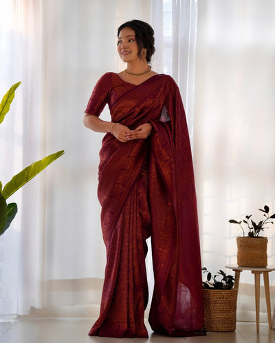 Kuber Pattu Silk Saree, Exuding Regal Charm With Its Rich Pallu And Intricate Brocade Blouse, Elegantly Adorned With Enchanting Tassels On The Saree's Edge. - Almaari Fashion