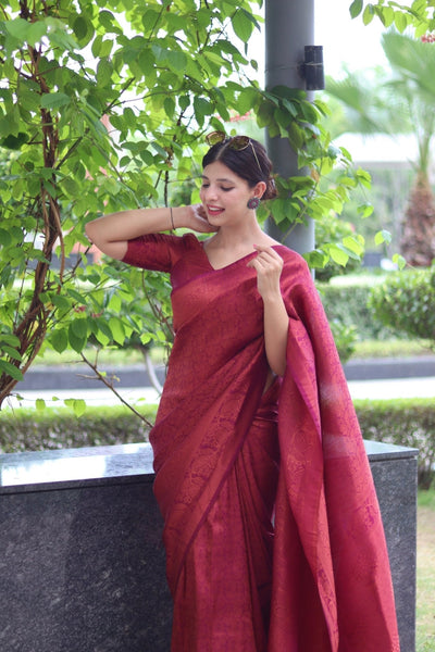 Kuber Pattu Silk Saree, Exuding Regal Charm With Its Rich Pallu And Intricate Brocade Blouse, Elegantly Adorned With Enchanting Tassels On The Saree's Edge. - Almaari Fashion