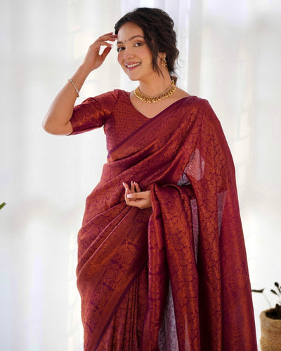 Kuber Pattu Silk Saree, Exuding Regal Charm With Its Rich Pallu And Intricate Brocade Blouse, Elegantly Adorned With Enchanting Tassels On The Saree's Edge. - Almaari Fashion