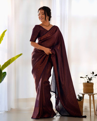 Kuber Pattu Silk Saree, Exuding Regal Charm With Its Rich Pallu And Intricate Brocade Blouse, Elegantly Adorned With Enchanting Tassels On The Saree's Edge. - Almaari Fashion