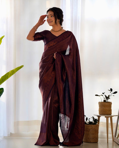 Kuber Pattu Silk Saree, Exuding Regal Charm With Its Rich Pallu And Intricate Brocade Blouse, Elegantly Adorned With Enchanting Tassels On The Saree's Edge. - Almaari Fashion