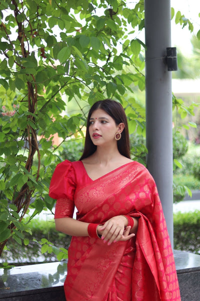 Kuber Pattu Silk Saree, Exuding Regal Charm With Its Rich Pallu And Intricate Brocade Blouse, Elegantly Adorned With Enchanting Tassels On The Saree's Edge. - Almaari Fashion