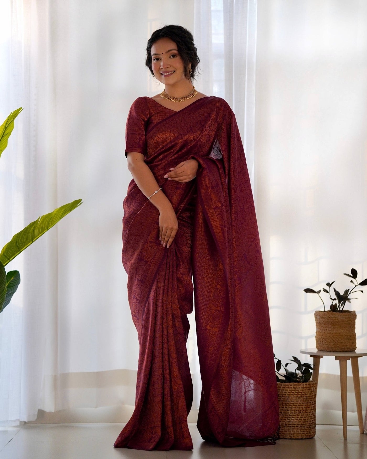 Kuber Pattu Silk Saree, Exuding Regal Charm With Its Rich Pallu And Intricate Brocade Blouse, Elegantly Adorned With Enchanting Tassels On The Saree's Edge. - Almaari Fashion