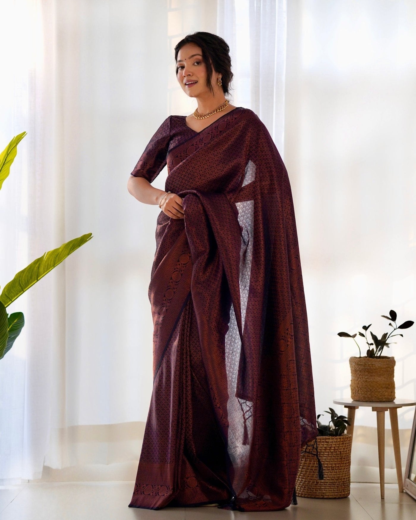 Kuber Pattu Silk Saree, Exuding Regal Charm With Its Rich Pallu And Intricate Brocade Blouse, Elegantly Adorned With Enchanting Tassels On The Saree's Edge. - Almaari Fashion