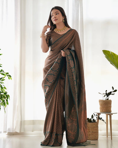 Kuber Pattu Silk Saree, Exuding Regal Charm With Its Rich Pallu And Intricate Brocade Blouse, Elegantly Adorned With Enchanting Tassels On The Saree's Edge. - Almaari Fashion