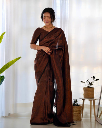 Kuber Pattu Silk Saree, Exuding Regal Charm With Its Rich Pallu And Intricate Brocade Blouse, Elegantly Adorned With Enchanting Tassels On The Saree's Edge. - Almaari Fashion