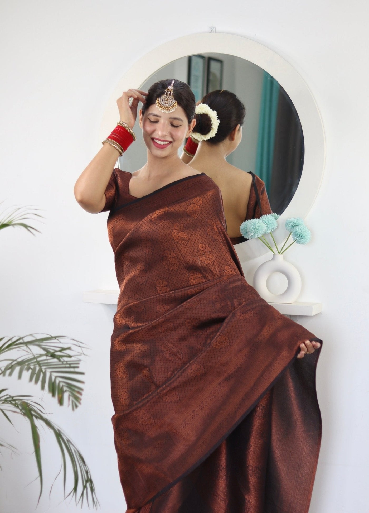 Kuber Pattu Silk Saree, Exuding Regal Charm With Its Rich Pallu And Intricate Brocade Blouse, Elegantly Adorned With Enchanting Tassels On The Saree's Edge. - Almaari Fashion