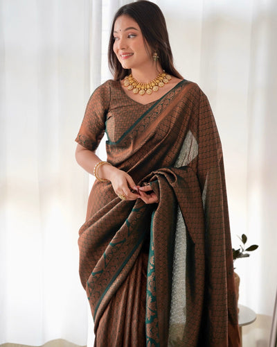 Kuber Pattu Silk Saree, Exuding Regal Charm With Its Rich Pallu And Intricate Brocade Blouse, Elegantly Adorned With Enchanting Tassels On The Saree's Edge. - Almaari Fashion