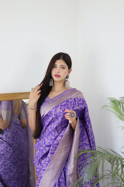 Lavender Pure Banarasi Silk Saree Stylish Blouse Piece - Almaari Fashion