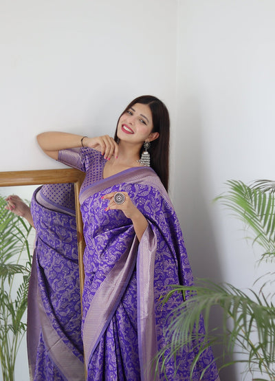 Lavender Pure Banarasi Silk Saree Stylish Blouse Piece - Almaari Fashion