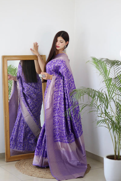 Lavender Pure Banarasi Silk Saree Stylish Blouse Piece - Almaari Fashion