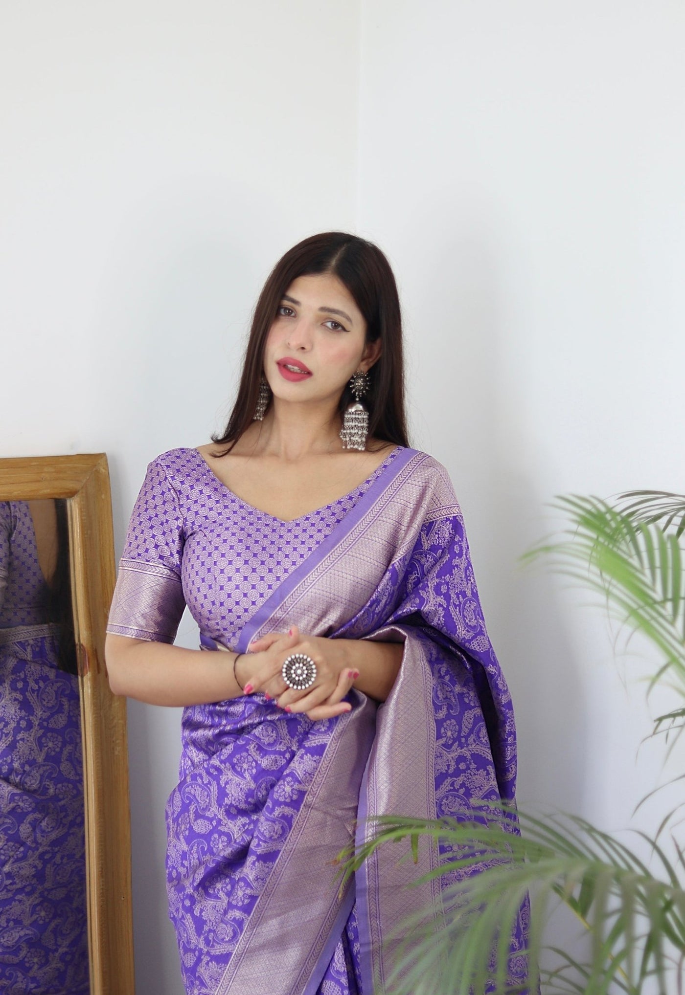 Lavender Pure Banarasi Silk Saree Stylish Blouse Piece - Almaari Fashion